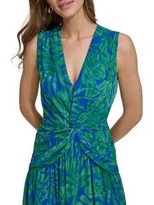DKNY - Vestido de Manga Corta abombada hasta la Rodilla con Cierre Trasera expuesta - Verano/Verde hierba multicolor - Ver 5