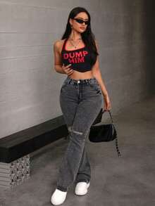 Washed Denim Flared Trousers With Rips, Mid-Rise, Fitted And Stretchy - Black and Gray - View 5
