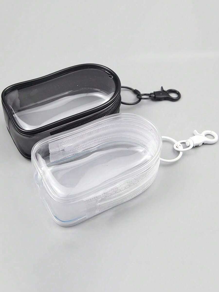 Transparent Portable Zippered Storage Bag, Handbag Accessory, Compact Multifunctional Organizer Case, Earphone And Charger Storage Box With Keychain - Black + White - View 1