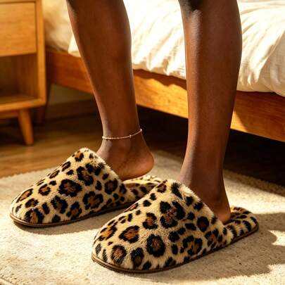 Zapatillas de estar por casa con textura de animal de estampado de leopardo, para uso casual en interiores y silenciosas, para uso en invierno