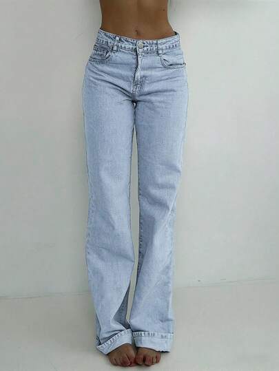 Women's Mid-Rise Loose Wide-Leg Jeans, Y2K Style Casual Loose Solid Color Jeans, Suitable For Street And Daily Wear Spring, Vintage Look Fall