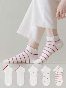 ZUJO 5 pares de calcetines cortos para mujer en blanco y rojo, con patrón de cereza, corazón y rayas, adecuados para todo el año, simples y cómodos, color aleatorio - Multicolor - Ver 3