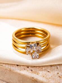 3 piezas Anillos de acero inoxidable con strass en forma de corazón 3 en 1 desmontables y personalizados, 3 piezas Anillos apilables de trébol de cuatro hojas de la suerte de lujo francés para mujer - Dorado - Ver 4