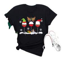 Feliz Navidad Árbol de Navidad Papá Noel Camiseta de Manga Corta de Moda para Mujer Talla Grande con Estampado de Dibujos Animados - Negro - Ver 6