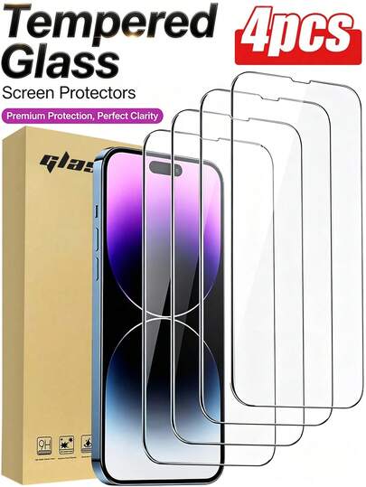 4片裝超耐用全螢幕HD鋼化玻璃螢幕保護貼，相容 17/17Pro/17Air/17e/17Pro Max、16/16Pro/16Plus/16Pro Max、15/15Plus/15Pro/15Pro Max、14/14Plus/14Pro/14Pro Max、13 Mini/13/13Pro/13Pro Max、12 Mini/12/12Pro/12Pro Max、11/11Pro/11Pro Max，防刮、防摔、防指紋，9H 硬度，易安裝
