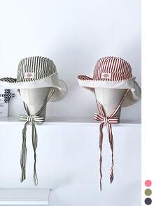 Wide Brim Striped Bucket Hat Beach Vacation Sun Hat Vintage Patchwork Contrast Color Drawstring Wide Brim Bucket Hat Boho Vacay Spring Summer Sun Hat Bright Monochromatic Looks Tie-Up Sun Protection Hat Travel UV Protection - Multicolor - View 3