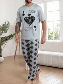 Men's Plus Size Fashion Pajama Set, Summer Round Neck Pullover Simple Thin Short Sleeve Long Pants Comfortable Casual Homewear - Multicolor - View 5