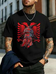 Vintage Black T-Shirt With Albanian Eagle Motif, 100% Cotton, Loose Fit, Street Hip-Hop Style, Comfortable, Art Print Summer Tops - Black - View 1