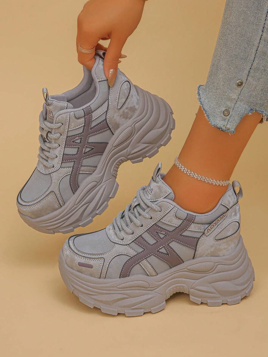 Women's Wedge Heel Thick Sole Sneakers Geometric Pattern Casual Letter Casual Sporty Style Spring Autumn - Grey - View 1