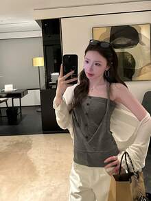 性感女款無袖細肩帶短版上衣，夏季休閒外穿 - 灰色 - 查看 7