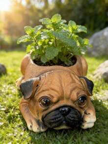 1pc Creative Realistic Pug Dog Planter Statue, Indoor Courtyard Garden Home Decor Craft - Pug - View 1
