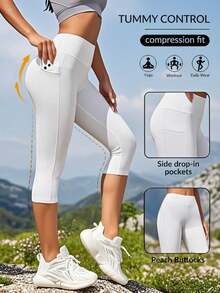 Pantalones de yoga de cintura alta y ajustados para mujer con bolsillos para teléfono, mallas deportivas transpirables y de secado rápido para deportes de verano - Blanco - Ver 1