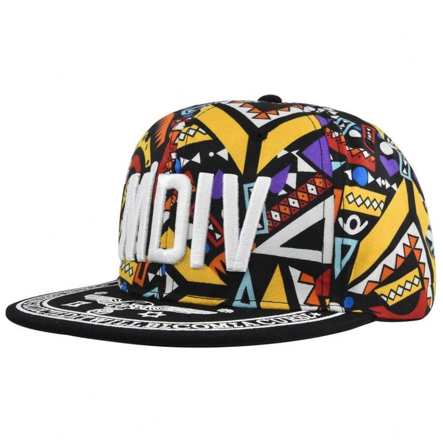 1pc Vibrant Pattern Flat Brim Zipper Hat With 3D Embossed MDIVA Embroidery, Adjustable, Unisex, Suitable For Hip-Hop, Skateboarding, Concerts, Festivals, Streetwear And Gifts - Multicolor - View 1