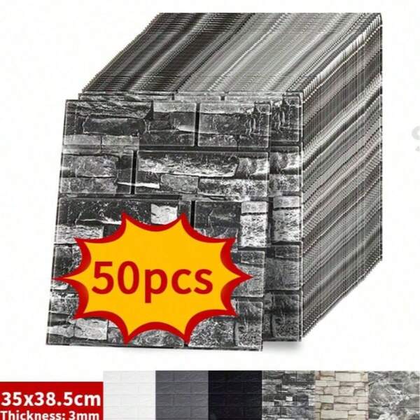 50片 3D牆貼，自黏式仿瓷磚牆貼，自黏式壁紙，易於貼附，可移除不留殘膠，易於清潔，可自定義裁剪，適用於廚房、客廳、浴室、走廊、臥室