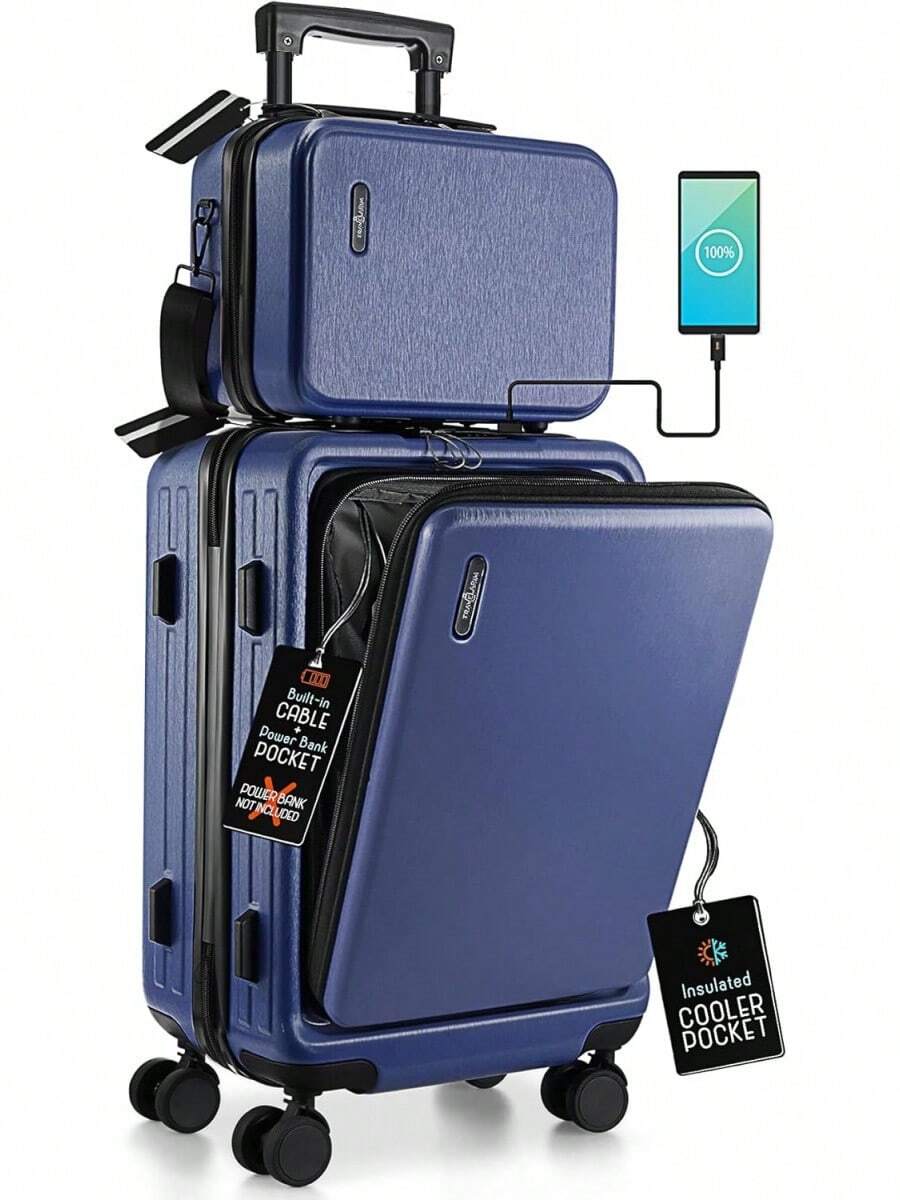 de 22 pulgadas (22x14x9), aprobada por aerolíneas, maleta de mano con ruedas, equipaje de mano de carcasa rígida, maleta pequeña azul marino, equipaje de mano rígido con bolsa de cosméticos. - Blanco - Ver 1