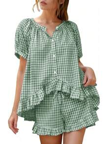 Flygo - Conjunto de pijama de cuadros para mujer, 2 piezas, de algodón, manga abombada, con volantes, conjunto de pijama de verano - Verde - Ver 1
