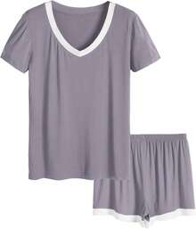 Latuza - Conjunto de Pijama de Manga Corta con Cuello en V para Mujer - Violeta - Ver 8