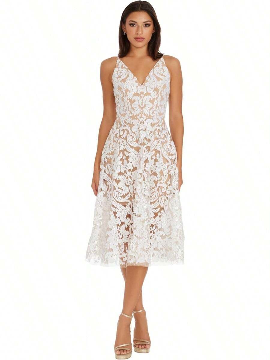 Dress The Population Blair Vestido Midi Entallado y Acampanado Vestido para Mujer - Dorado/desnudo - Ver 1