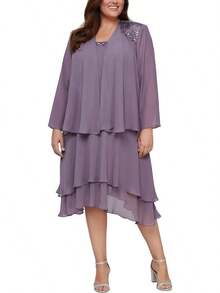 S.L. Fashions Vestido de Chaqueta escalonada Adornado de Talla Grande para Mujer - Higo - Ver 9