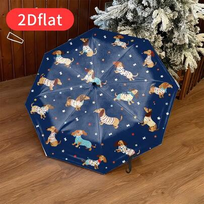 1 pieza Paraguas plegable con estampado plano 2D lindo - Patrón divertido de cachorro con fondo azul y estrellas, ligero y portátil, adecuado para viajes, desplazamientos y uso diario, cubierta duradera, hecho de plástico duradero y hierro, regalo de vacaciones, opción única para amigos o familiares para disfrutar, agregando diversión y calidez.