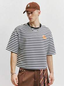 Whitmere Men's Black & White Thin Horizontal Striped T-Shirt, Loose Fit Short Sleeve Crew Neck Cropped Streetwear Tee - Multicolor - View 4