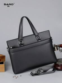 saroxi 1件裝男士商務手提包休閒單肩斜挎包 時尚百搭質感戶外新款旅行收納多功能大容量 PU 禮物送友 - 黑色 - 查看 3