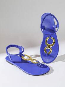Sandalias Romanas Planas con Correa de Tobillo, Anillo Doble Dorado y Azul Klein, Versátiles para Mujeres en Ocasiones de Playa, Citas, Vacaciones y Desplazamientos - Azul - Ver 10