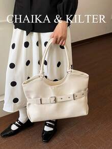CHAIKA & KILTER 1pc Solid Color PU Fabric Tote Bag, Women's Vintage Fashion Shoulder Tote Bag, Double Handle Design, Zipper Closure, Strap Decoration, Suitable For Daily And Street Use - White - View 6