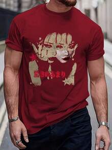 Patterned Portrait Fashion T-Shirt, Men's Casual Sports Loose Short Sleeve Black Shirt With Character Head Portrait - Black - View 7