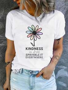 Camiseta Elegante de Manga Corta para Mujer con Estampado de Margaritas Coloridas y Frase Inspiradora "La Amabilidad Es Gratis", Cuello Redondo, Cómoda, Suave y Transpirable, Nueva Colección - Blanco - Ver 1