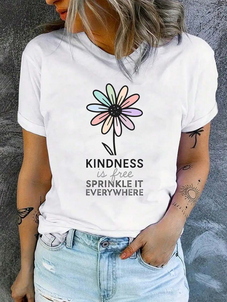Camiseta Elegante de Manga Corta para Mujer con Estampado de Margaritas Coloridas y Frase Inspiradora "La Amabilidad Es Gratis", Cuello Redondo, Cómoda, Suave y Transpirable, Nueva Colección - Blanco - Ver 1