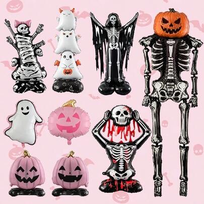 Halloween Pink Skeleton & Ghost Foil Balloons - 255cm Giant Pumpkin Skull Balloon, Suitable For Creating Scary Party Decorations, Cute Pink Pumpkin Ghost Balloon Set, Suitable For Halloween, Birthday, Baby Shower Party, Haunted House Decoration, "Trick Or Treat" Themed Events, Photography Studio Backdrop And Other Scenes. Halloween