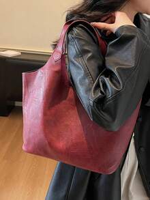 Dedoo 復古大容量女款托特包，小眾高端防水紋理包，適合日常購物與旅行 - 酒紅色 - 查看 3