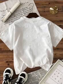 Camiseta de inspiración femenina con estampado de corazón de vaquera, 100% pura, con cuello redondo, estilo casual. - Blanco - Ver 2