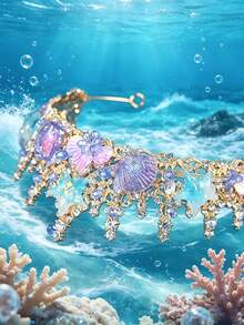 1pc Gold Mermaid Shell Starfish Hair Accessory, Ocean Crystal Shell Floral Queen Crown, Beach And Underwater Wedding Headpiece - Multicolor - View 6