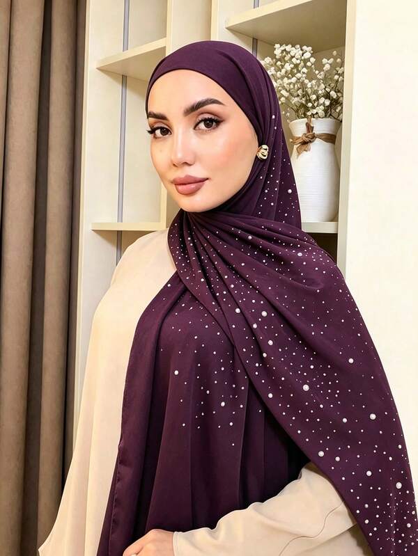 1 Peça Lenço Hijab Xale Modesto de Chiffon com Strass e Enfeites Pesados em Cor Sólida Luxuosa para Abaya