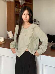 韓式風格春/秋新款時尚優雅圓領不規則領結蝴蝶結女式上衣 - 杏色 - 查看 2