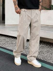 Men's Woven Fashion Casual Solid Color Pleated Design Light Apricot Straight Leg Loose Long Suit Pants, Suitable For Summer, Campus, Autumn - Apricot - View 4