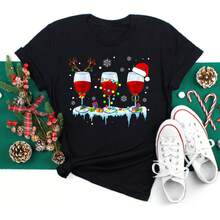 Feliz Navidad Árbol de Navidad Papá Noel Camiseta de Manga Corta de Moda para Mujer Talla Grande con Estampado de Dibujos Animados - Negro - Ver 9