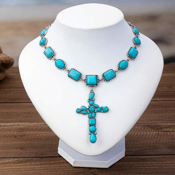 1pc Bohemian Style Turquoise Inlaid Cross Pendant Geometric Necklace, Suitable For Women's Daily And Vacation Wear
