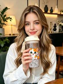 1pc/5pcs 500ml Plastic Coffee Travel Mug, Cute Orange & White Kitten Print. Suitable For Iced Coffee, Tea And Cold Drinks. A Sweet And Cheerful Gift For Cat Lovers, Perfect For Home, Office Or Outdoor Daily Use. - Multicolored Kitten - View 1