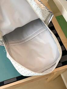 卡通兔子刺繡全滿星形與波點印花輕量學生後背包，附星星吊飾、3D翅膀裝飾，休閒大容量防水多口袋功能包，翻蓋設計含多隔層可放筆電、文具、教科書、水壺，側邊條紋口袋，寬加厚減壓肩帶，適合學校、補習、工作、通勤、購物、旅行、開學季 - 彩色 - 查看 8