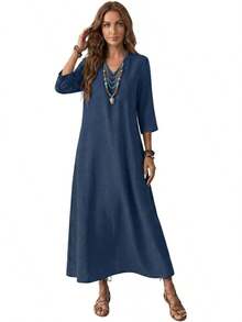 Genérico Vestido Largo de Lino de Algodón para Mujer,Manga 3/4,Vestido de Moda con Cremallera Trasera,Vestidos Largo Casual,para Playa,Invitado - Negro - Ver 11