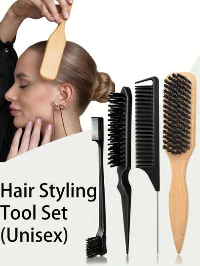 4/3//1pc Bristle Hair Brush Set With Edge Control,Steel Rat Tail Comb Parting Comb,Hooked Braiding Comb,Mini Comb,Detangling Comb,Eyebrow Comb,Back Hair Comb,Edge Comb,Women's Hair Brush,Travel Essential,Hair Styling Tool,Hairdressing Accessory,Hairdressing Equipment,Back To School Essential,Travel Vacation Necessity