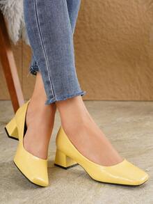2026 New Yellow Square Toe Chunky Heel 4.5cm Low Vamp Pumps Women's New Minimalist Commuter Mid-Heel Shoes Daily Versatile Low-Top Elegant Formal High Heels - Yellow - View 2