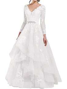 Tsbridal Vestidos de novia para mujer, línea A, cuello en V, encaje de tul sin espalda, vestido de novia bohemio - Estilo 6-Champán - Ver 2