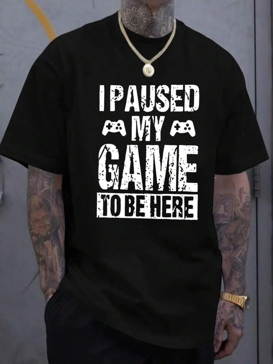 Plus Size Men's T-Shirt Cotton "I PAUSED MY GAME To BE HERE" Gaming T-Shirt - Casual, Comfortable, Summer Style - Gamer Tee With Controller Design - T - Black - View 1