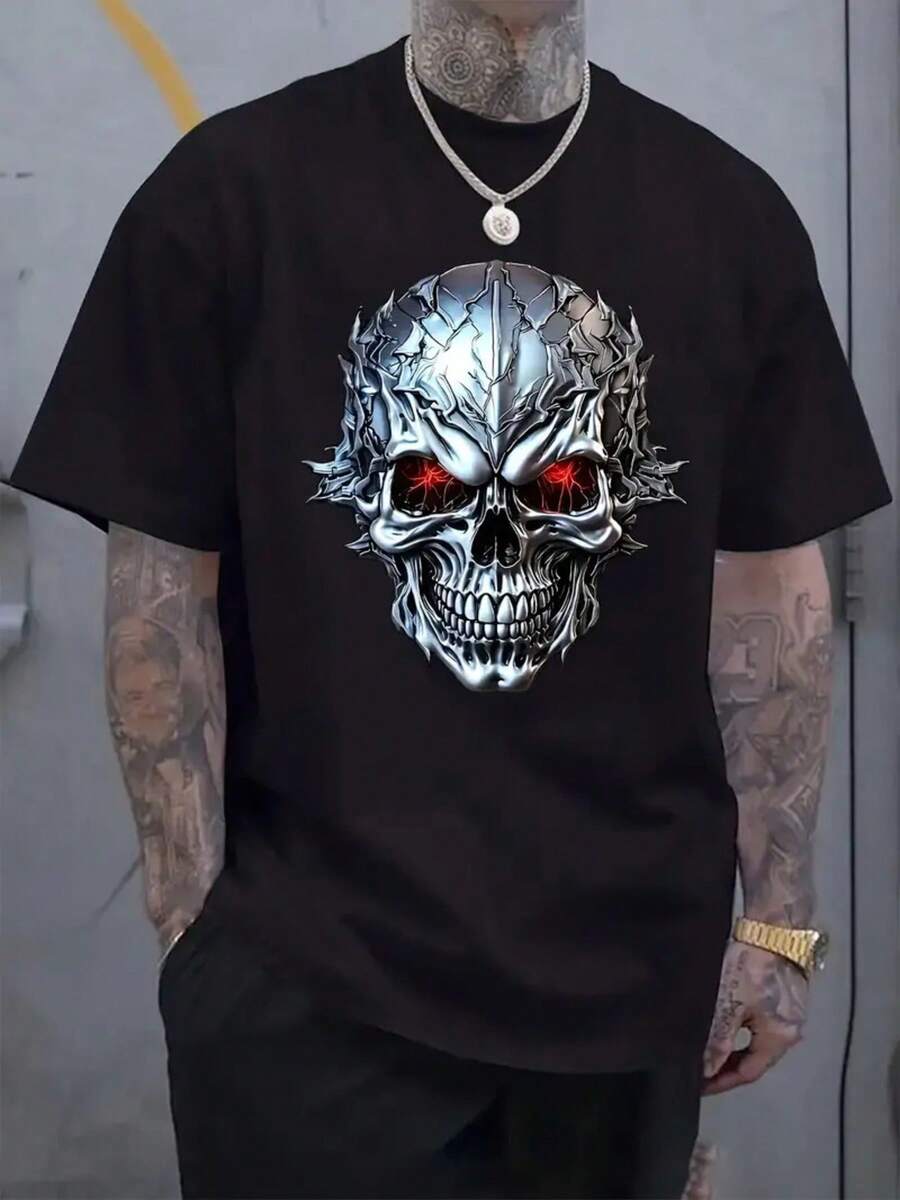 Men'S Plus Size T-Shirt Made Of 100% Featuring A Stylish Skull Design. A Comfortable Short-Sleeve Tee Perfect For Summer Wear - 黑色 - 查看 1