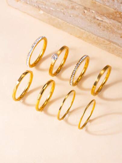 8pcs Fashionable Luxury Geometric Rhinestone 18K Gold Stainless Steel Ring Set, Suitable For Women's Daily Wear Or Party