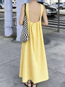 Nouvelle robe longue décontractée d'été pour femmes, robe de mode à carreaux contrastés noir et blanc pour femmes, tenue d'été simple et polyvalente vintage pour femmes, fête - Jaune citron - Voir 2